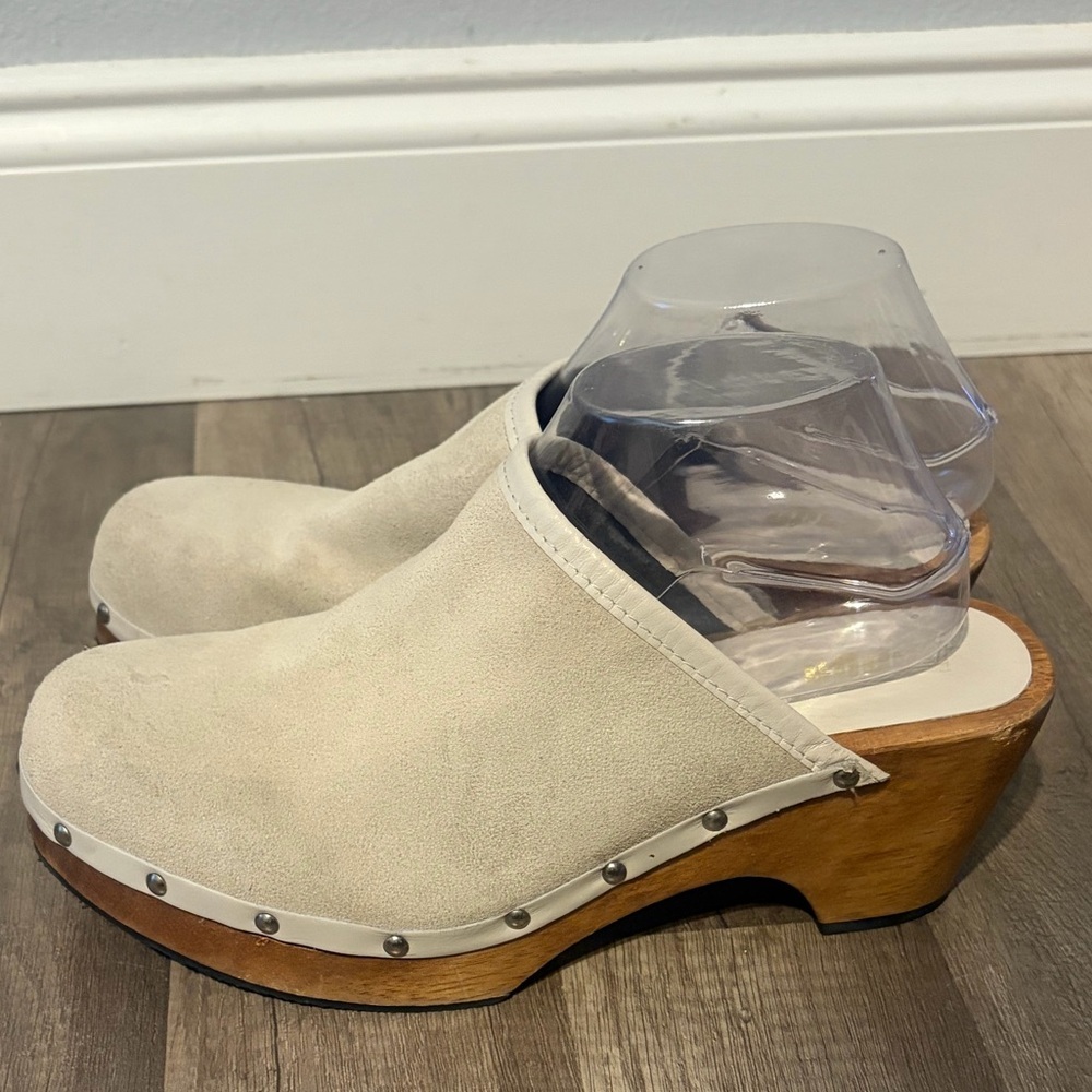 Vintage 90s Y2K Bongo Wooden Clogs Heels Studded Beige Leather 10 Mules Shoes